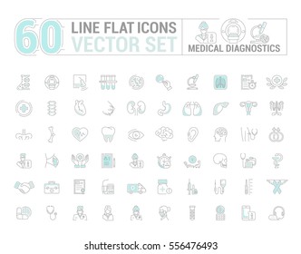 Vector graphic set. Icons in flat, contour, thin and linear design.Medical diagnostics. Check up.Simple icon on white background.Concept illustration for Web site, app.Sign, symbol, emblem.