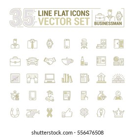 Vector graphic set. Icons in flat, contour, thin and linear design.Businessman and his stuff.Simple icon on white background.Concept illustration for Web site, app.Sign, symbol, emblem.