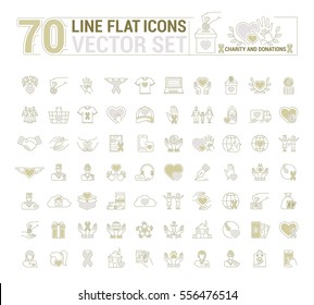 Vector graphic set. Icons in flat, contour, thin and linear design.Charity and donation.Simple icon on white background.Concept illustration for Web site, app.Sign, symbol, emblem.