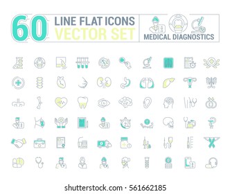 Vector graphic set. Icons in flat, contour, thin and linear design.Medical diagnostics. Check up.Simple icon on white background.Concept illustration for Web site, app.Sign, symbol, emblem.