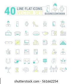 Vector graphic set. Icons in flat, contour, thin and linear design.Business woman.Simple isolated icon on white background.Concept illustration for Web site, app.Sign, symbol, emblem.