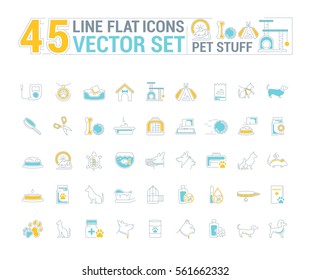 Vector graphic set. Icons in flat, contour, thin and linear design.Stuff for pets and their owners.Simple icon on white background.Concept illustration for Web site, app.Sign, symbol, emblem.