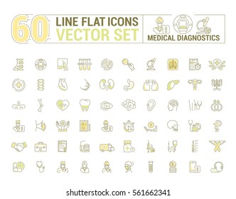 Vector graphic set. Icons in flat, contour, thin and linear design.Medical diagnostics. Check up.Simple icon on white background.Concept illustration for Web site, app.Sign, symbol, emblem.