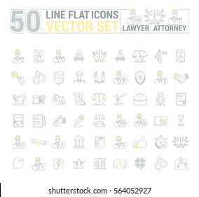 Vector graphic set. Icons in flat, contour, thin and linear design.Lawyer. Law and case law. Simple icon on white background.Concept illustration for Web site, app. Sign, symbol, emblem.