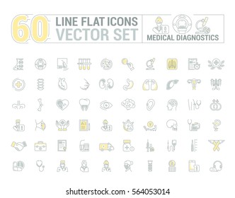 Vector graphic set. Icons in flat, contour, thin and linear design.Medical diagnostics. Check up.Simple icon on white background.Concept illustration for Web site, app.Sign, symbol, emblem.