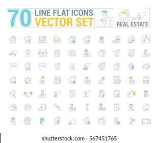 Vector graphic set. Icons in flat, contour, thin and linear design.Real estate.Simple isolated icon on white background.Concept illustration for Web site, app.Sign, symbol, emblem.