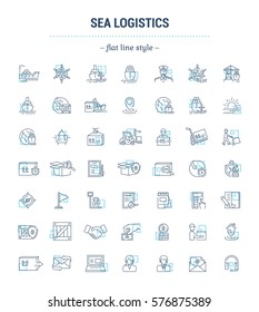 Vector graphic set. Icons in flat, contour, thin, minimal and linear design.Sea Logistics. Sending freight by sea route. Simple icon on white background. Concept for Web site, app.Sign,symbol,emblem.