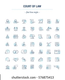 Vector graphic set. Icons in flat, contour, thin, minimal and linear design.Court. Judge. Trial. Simple icons on white background.Concept illustration for Web site, app.Sign, symbol, emblem.
