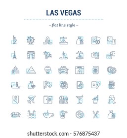 Vector graphic set of icons in flat, contour, thin, minimal and linear design. Las Vegas. Slot machine, casino, poker. Gambling.Simple isolated icons.Concept for Web site app.Sign,symbol,element.