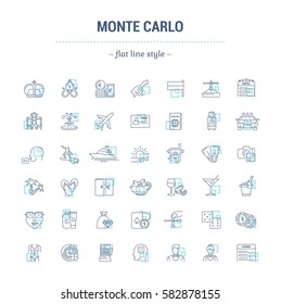 Vector graphic set. Icons in flat, contour,thin, minimal and linear design.Monte Carlo.City of entertainment.Vacation, casino, beach.Simple isolated icons.Concept of web site and app.Sign,symbol.