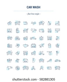 Vector graphic set. Icons in flat, contour, thin and linear design.Car wash. Gear and equipment for washing.Simple icon on white background.Concept illustration for Web site, app.Sign, symbol, emblem.