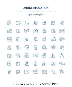 Vector graphic set. Icons in flat, contour,thin, minimal and linear design. Online education and training. Modern teaching. Simple isolated icons.Concept for web site and app. Sign,symbol,element.