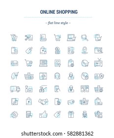 Vector graphic set. Icons in flat, contour,thin, minimal and linear design.Online shopping. Internet shop.Order,purchase, payment.Simple isolated icons.Concept of web site and app.Sign,symbol,element.