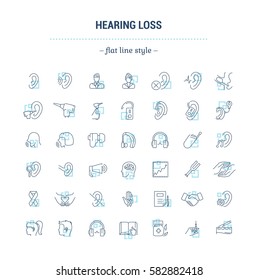 Vector graphic set. Icons in flat, contour,thin, minimal and linear design.Hearing loss. People with disabilities. Simple isolated icons.Concept of web site and app.Sign,symbol, elements.