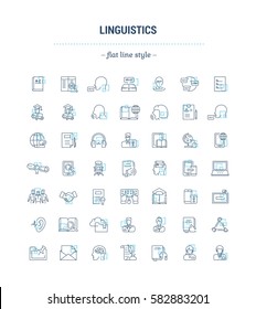 Vector graphic set. Icons in flat, contour,thin, minimal and linear design.Linguistics. Learning foreign languages. Distance learning.Simple isolated icons.Concept of web site and app.Sign,symbol.