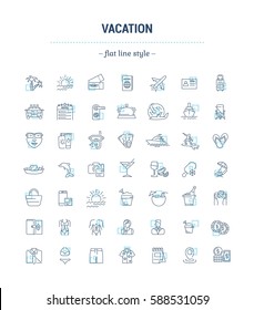 Vector graphic set. Icons in flat, contour,thin, minimal and linear design.Vacation. Summer time. travel and tourism.Holiday.Simple isolated icons.Concept infographic for web site and app.Sign,symbol.