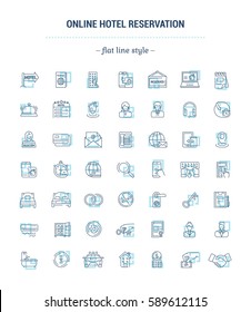 Vector graphic set. Icons in flat, contour, thin, minimal and linear design.Online hotel booking.Internet service.E-commerce. Simple isolated icons.Concept illustration for Web site, app.Sign, symbol.