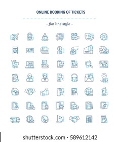 Vector graphic set. Icons in flat, contour, thin, minimal and linear design.Online ticket booking. Internet service.E-commerce, shopping.Simple isolated icons.Concept for Web site, app.Sign, symbol.