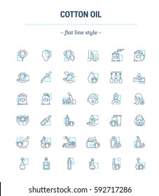 Vector graphic set. Icons in flat, contour, thin, minimal and linear design.Cottonseed oil.Herbal products of cosmetic and food industries.Simple isolated icons.Concept for Web site.Sign, symbol.