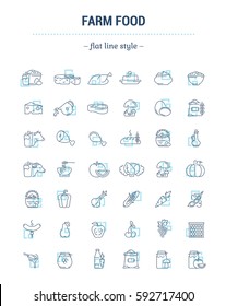 Vector graphic set. Icons in flat, contour, thin, minimal and linear design.Farmer fresh product. Animal and plant food.Healthy nutrition. Natural food.Concept simple isolated icons.Sign, symbol.