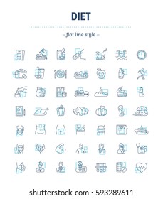 Vector graphic set. Icons in flat, contour, thin, minimal and linear design.Diet. A healthy lifestyle, good nutrition, physical activity, beautiful body.Concept illustration for Web site.Sign, symbol.