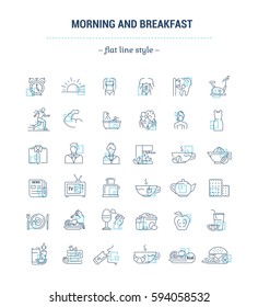 Vector graphic set. Icons in flat, contour, thin, minimal and linear design.Morning and lunch. The daily routine. Elements of the morning breakfast.Concept illustration for Web site.Sign, symbol.