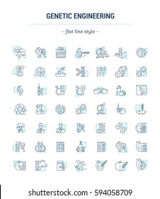 Vector graphic set. Icons in flat, contour, thin, minimal and linear design.Genetic Engineering. Human DNA, cloning, reproduction, research laboratory.Concept illustration for Web site.Sign, symbol.