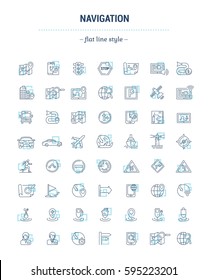 Vector graphic set. Icons in flat, contour, thin, minimal and linear design.Navigation. Element of navigation system.Search course, way.Finding the way.Concept illustration for Web site.Sign, symbol.