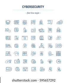 Vector graphic set. Icons in flat, contour, thin, minimal and linear design.Cybersecurity. Protection of virtual electronic data, operations.Concept illustration for Web site.Sign, symbol.