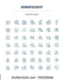 Vector Graphic Set. Icons In Flat, Contour, Thin, Minimal And Linear Design.Dermatologist.Problem, Analysis, Treatment.Skin Of Face, Head, Hand And Body.Concept Illustration For Web Site.Sign, Symbol.