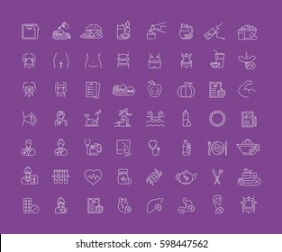 Vector graphic set. Icons in flat, contour, thin, minimal and linear design.Medicine. Nutritionist.Disease, treatment, care about health of body.Concept illustration for Web site.Sign, symbol.