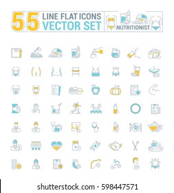 Vector graphic set. Icons in flat, contour, thin, minimal and linear design.Medicine. Nutritionist.Disease, treatment, care about health of body.Concept illustration for Web site.Sign, symbol.