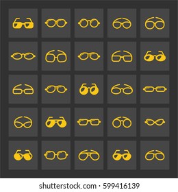 Vector graphic set. Icons in flat, contour, flat and linear design. Glasses. Ocular. Simple isolated icon. Concept illustration for Web site app. Sign,symbol,emblem. 
