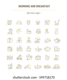 Conjunto de gráficos vectoriales. Iconos en diseño plano, compacto, minimalista y lineal.Mañana y almuerzo. La rutina diaria. Elementos del desayuno matutino.Ilustración conceptual del sitio Web.Signo, símbolo.