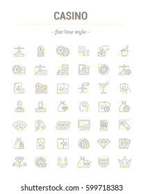 Vector graphic set of icons in flat, contour, minimal, thin and linear design. Slot machine, casino, poker. Gambling. Concept infographic for Web site and app. Online card game.