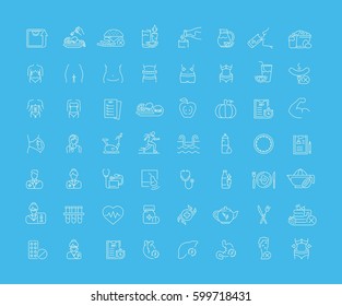 Vector graphic set. Icons in flat, contour, thin, minimal and linear design.Medicine. Nutritionist.Disease, treatment, care about health of body.Concept illustration for Web site.Sign, symbol.
