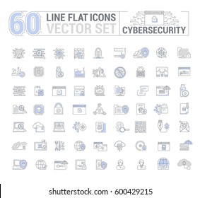 Vector graphic set. Icons in flat, contour, thin, minimal and linear design.Cybersecurity. Protection of virtual electronic data, operations.Concept illustration for Web site.Sign, symbol.