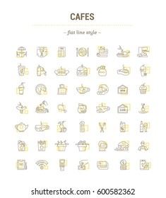 Vector graphic set. Icons in flat, contour, thin, minimal and linear design.Cafe.Food silhouettes.Fast food. Pizzeria. Catering.Simple isolated icons.Concept for web site, app.Sign and symbol.