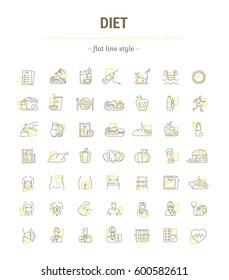 Vector graphic set. Icons in flat, contour, thin, minimal and linear design.Diet. A healthy lifestyle, good nutrition, physical activity, beautiful body.Concept illustration for Web site.Sign, symbol.