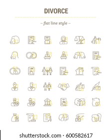 Vector graphic set. Icons in flat, contour,thin, minimal and linear design. Break up. Trial and verdict. Broken family. Simple isolated icons.Concept illustration for Web site app.Sign,symbol,element.
