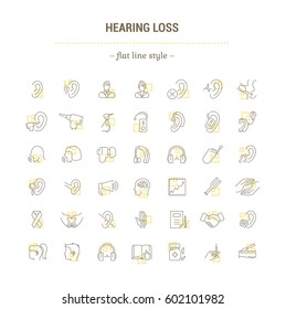 Vector graphic set. Icons in flat, contour,thin, minimal and linear design.Hearing loss. People with disabilities. Simple isolated icons.Concept of web site and app.Sign,symbol, elements.