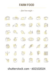 Vector graphic set. Icons in flat, contour, thin, minimal and linear design.Farmer fresh product. Animal and plant food.Healthy nutrition. Natural food.Concept simple isolated icons.Sign, symbol.