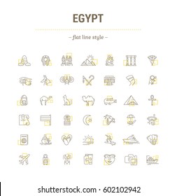 Vector graphic set. Icons in flat, contour,thin, minimal and linear design. Egypt. Travel to Egypt. Simple isolated icons.Concept of web site and app.Sign,symbol, elements.