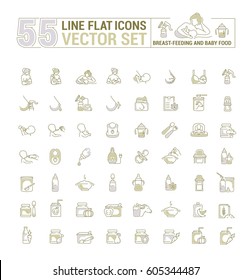 Vector graphic set. Icons in flat, contour, thin, minimal and linear design.Breastfeeding, motherhood, natural nutrition of the newborn.Concept illustration for Web site, app.Sign,symbol,element.