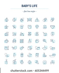 Vector graphic set. Icons in flat, contour, thin, minimal and linear design.Things for baby. Accessories for child life.Baby care.Concept illustration for Web site, app.Sign,symbol,element,silhouette.