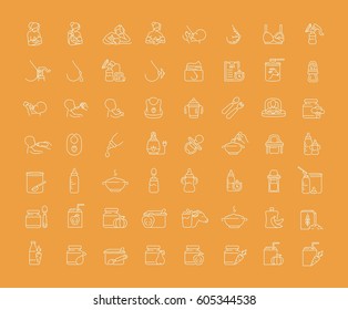 Vector graphic set. Icons in flat, contour, thin, minimal and linear design.Breastfeeding, motherhood, natural nutrition of the newborn.Concept illustration for Web site, app.Sign,symbol,element.