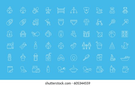 Vector graphic set. Icons in flat, contour, thin, minimal and linear design.Things for baby. Accessories for child life.Baby care.Concept illustration for Web site, app.Sign,symbol,element,silhouette.