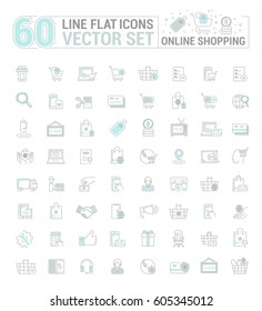 Vector graphic set. Icons in flat, contour,thin, minimal and linear design.Online shopping. Internet shop.Order,purchase, payment.Simple isolated icons.Concept of web site and app.Sign,symbol,element.