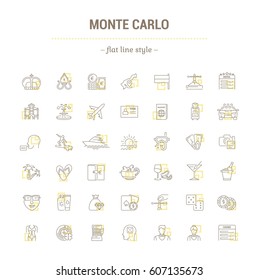 Vector graphic set. Icons in flat, contour,thin, minimal and linear design.Monte Carlo.City of entertainment.Vacation, casino, beach.Simple isolated icons.Concept of web site and app. 