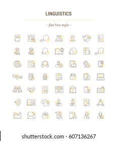 Vector graphic set. Icons in flat, contour,thin, minimal and linear design.Linguistics. Learning foreign languages. Distance learning.Simple isolated icons.Concept of web site and app.Sign,symbol.